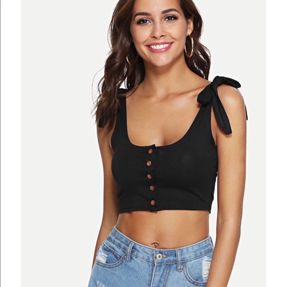 Tie Shoulder Button Up Crop Tank Top